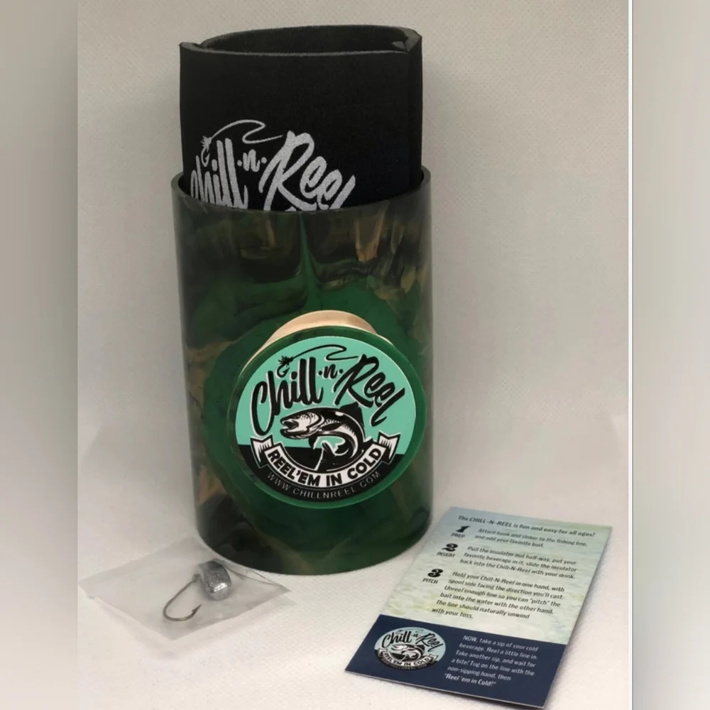 Chill-N-Reel Can Cooler Fishing Rod Shark Tank Beverage Koozie Camo NWOT - Picture 2 of 14